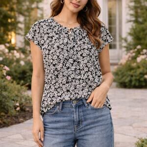 Everlane SZ XXS The Gathered Neck Top Bone/Black Mini Floral NWT